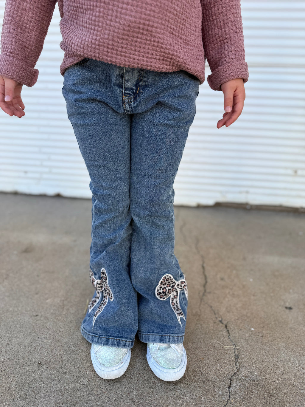 Girls Leopard Bow Bell Bottom Jeans