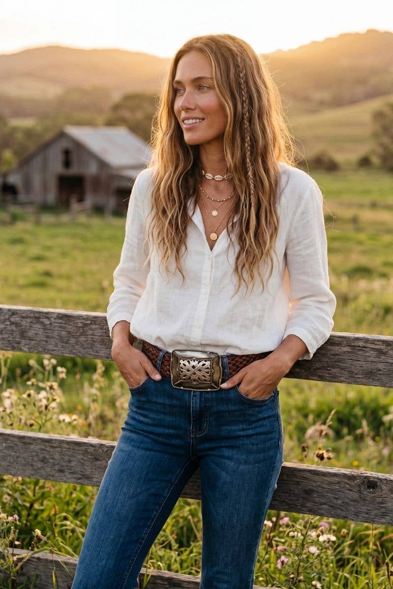 BROWN LEATHER BELT WIDE SQUARE EMPIRE