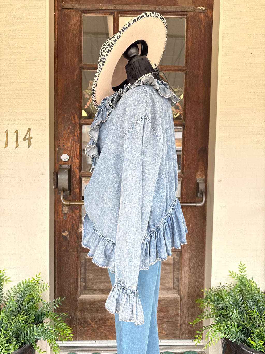 Denim Ruffle & Roll Top