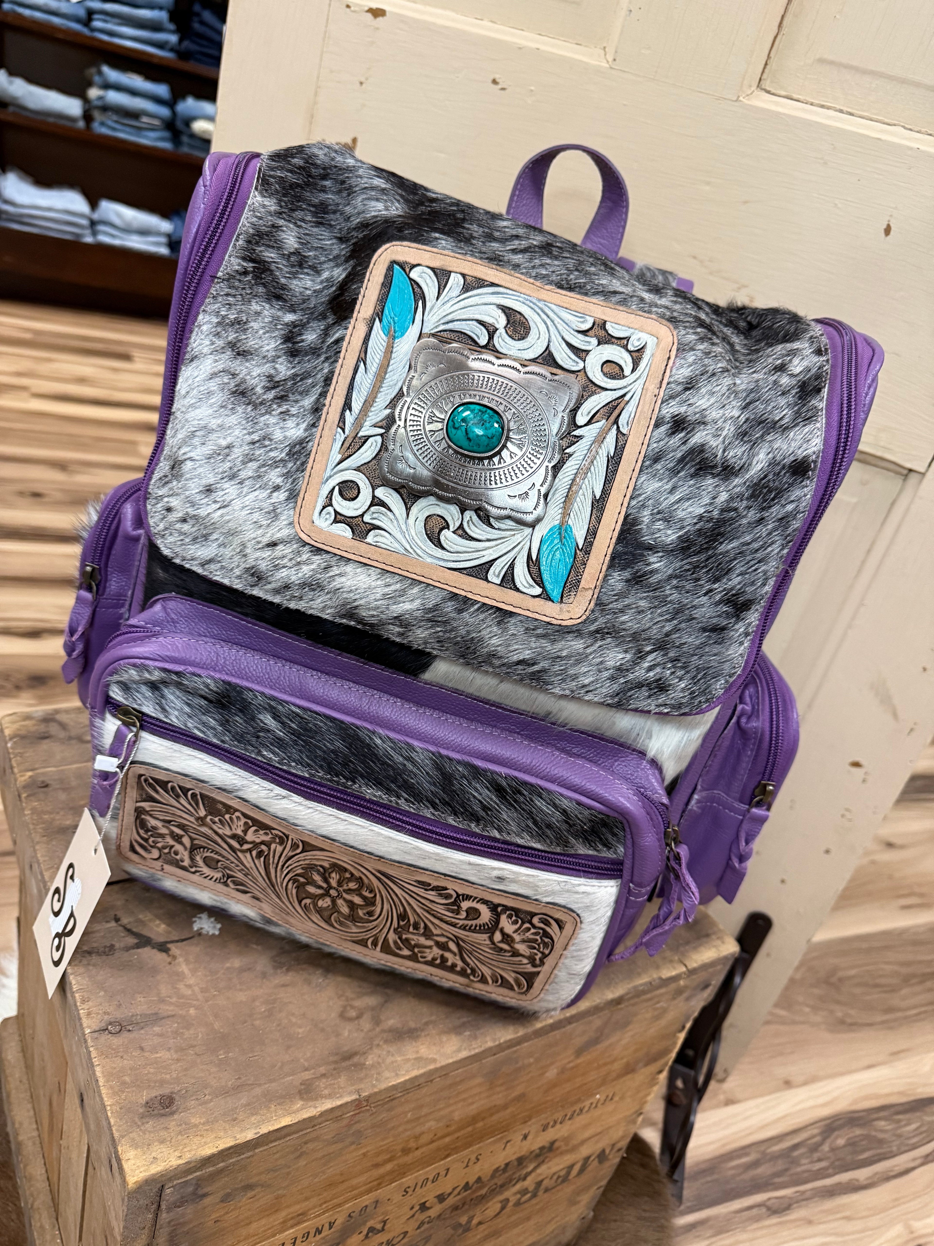 Purple Cowhide & Turquoise Stone Backpack