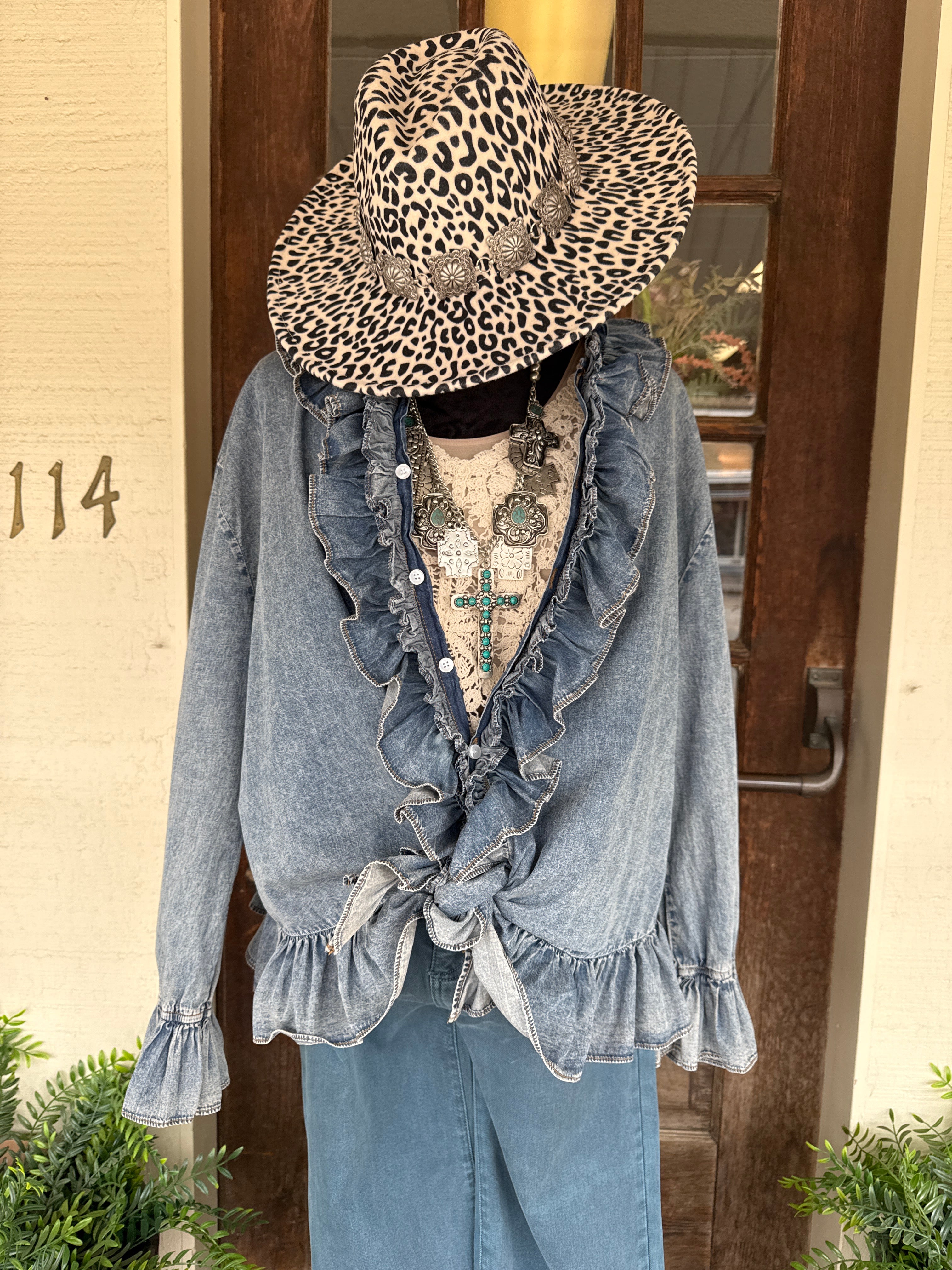 Denim Ruffle & Roll Top