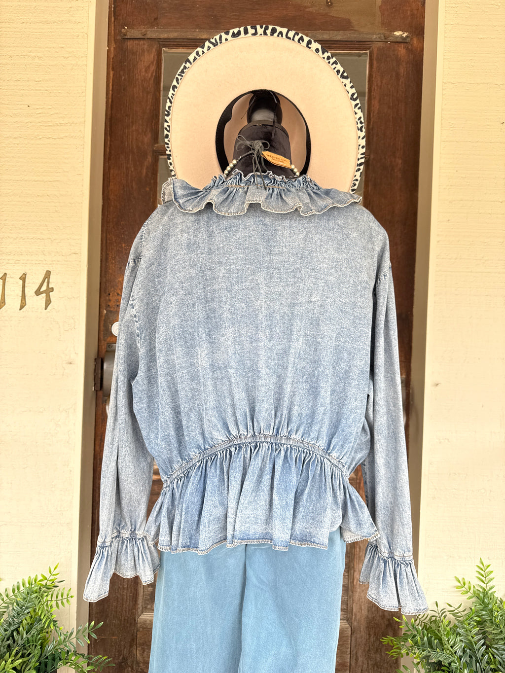 Denim Ruffle & Roll Top