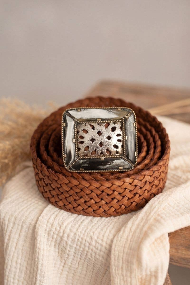 BROWN LEATHER BELT WIDE SQUARE EMPIRE