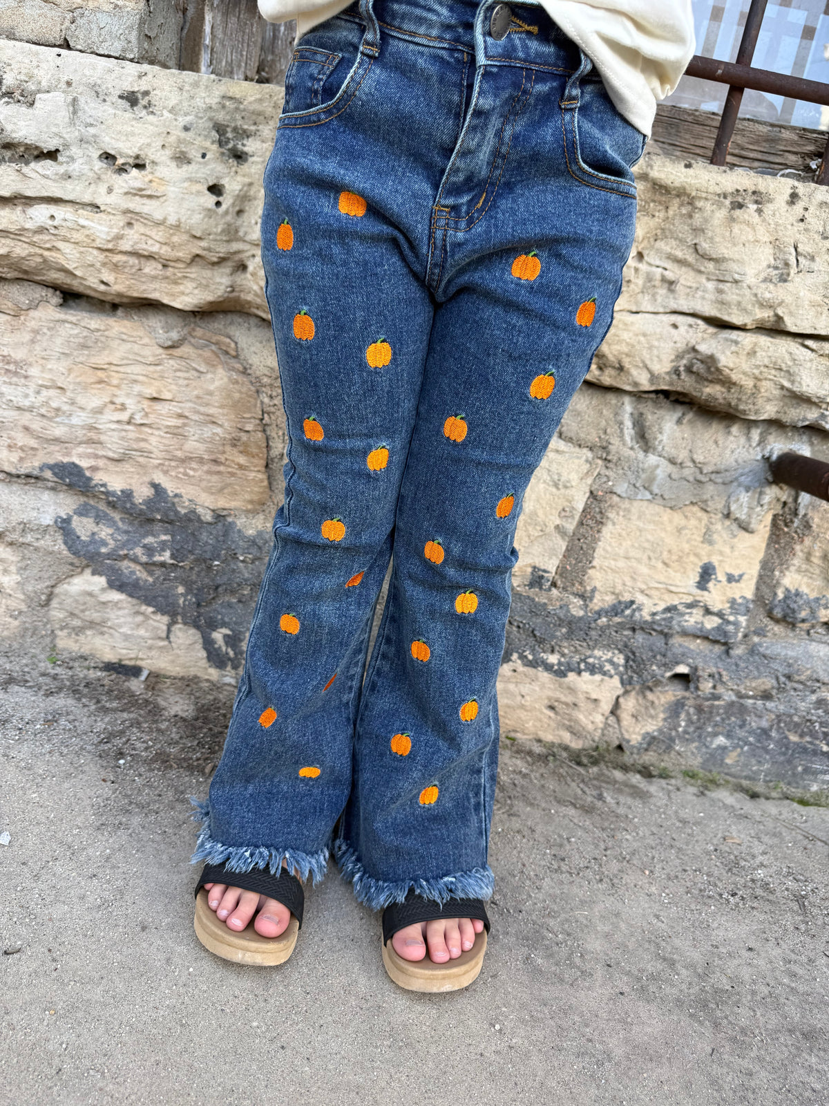 Girls Pumpkin Embroidered Flare Jeans