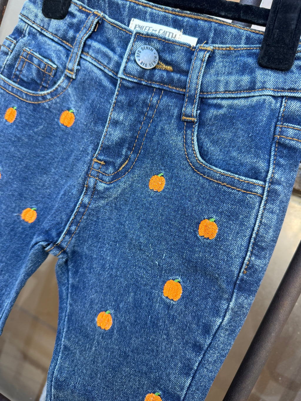 Girls Pumpkin Embroidered Flare Jeans