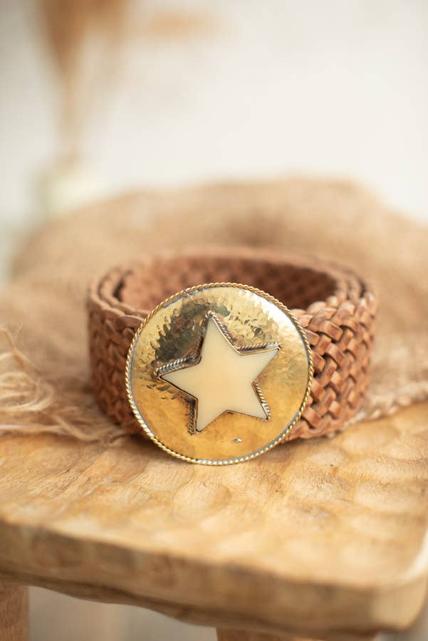 BROWN LEATHER BELT WIDE STAR