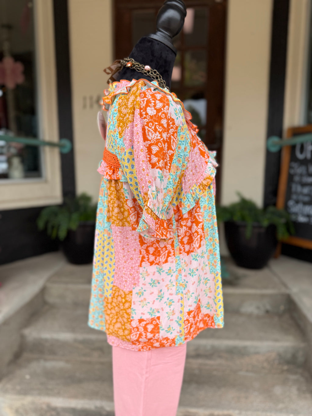 Sunset Patchwork Button Top