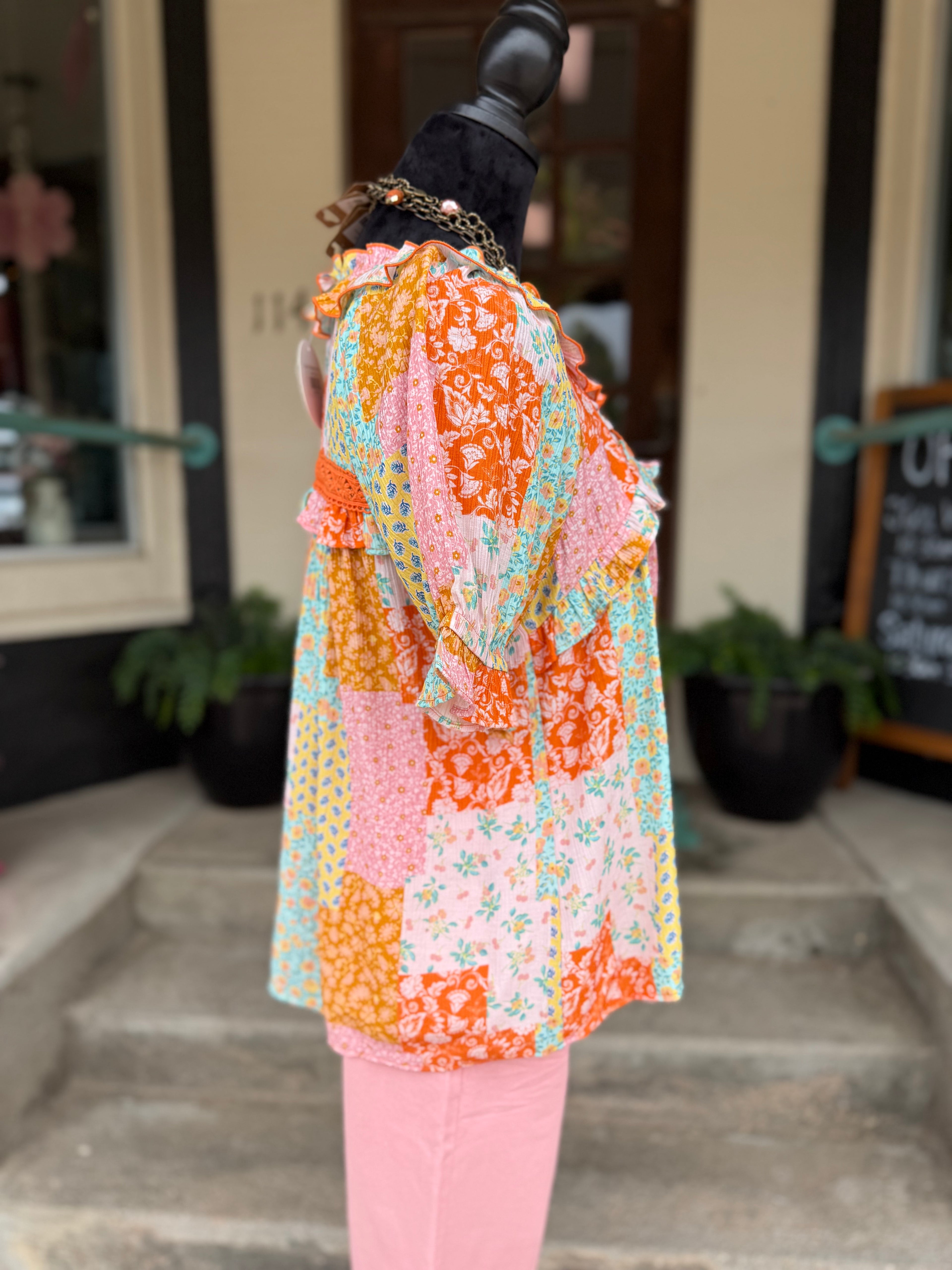 Sunset Patchwork Button Top