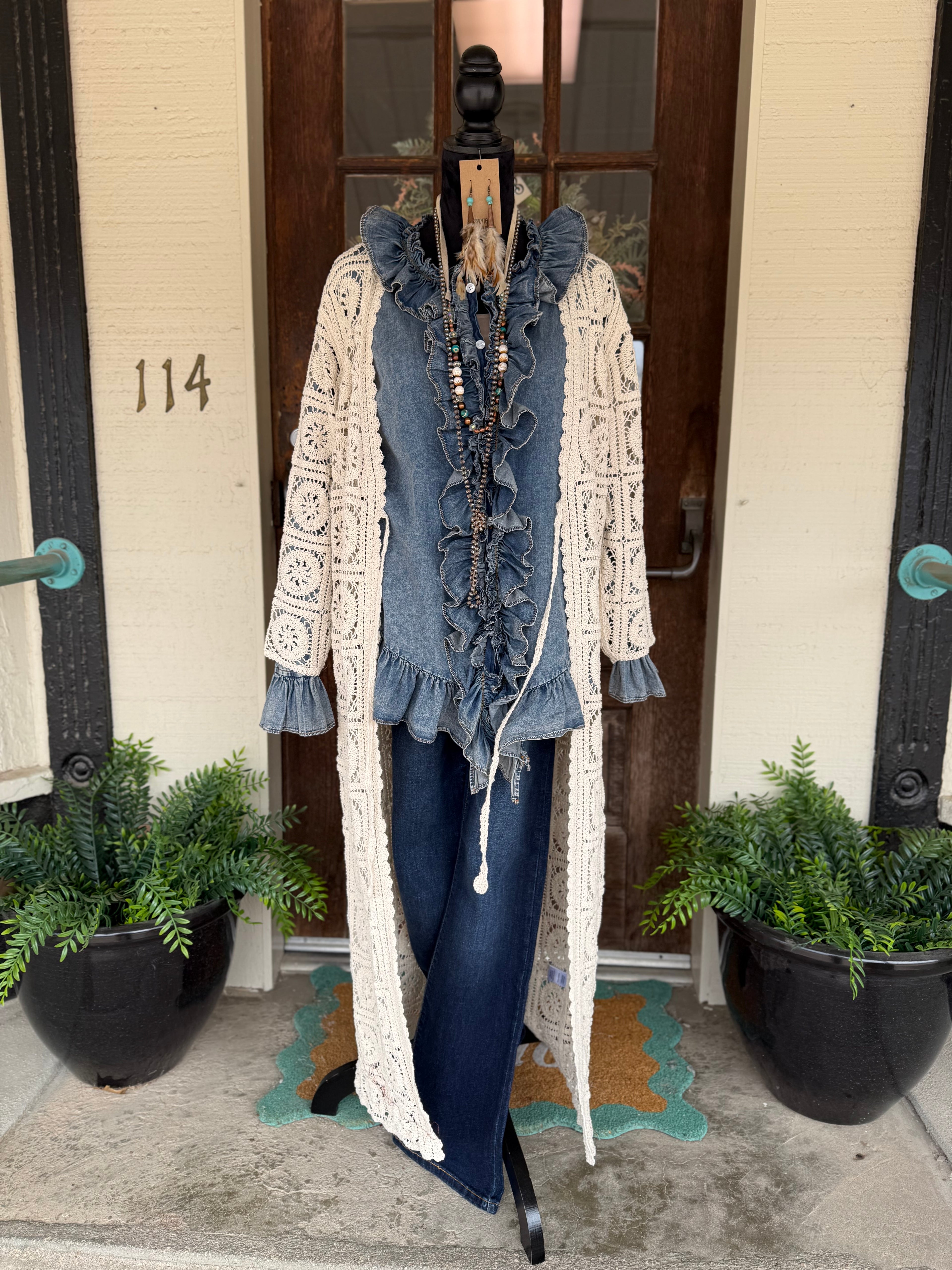 Denim Ruffle & Roll Top