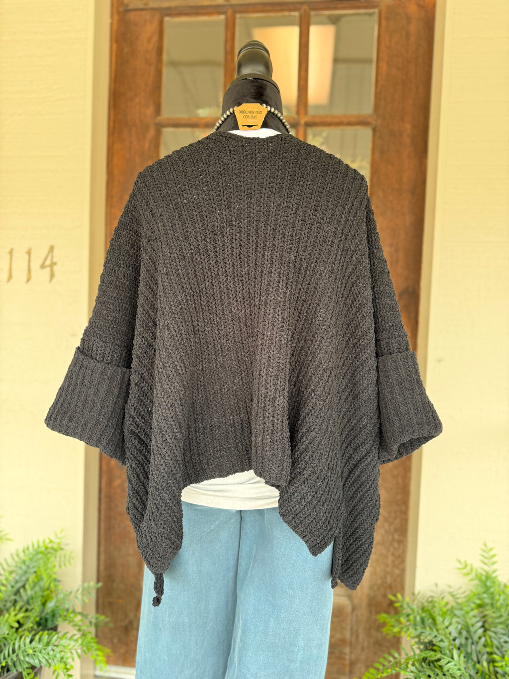 Black Cuffed Pocket Open Sweater