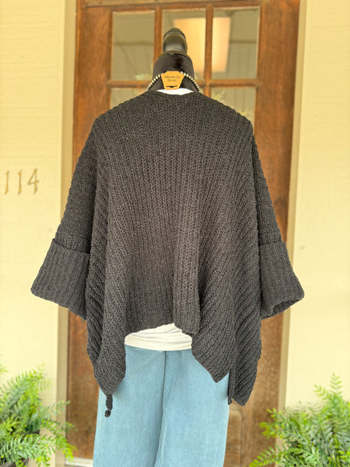 Black Cuffed Pocket Open Sweater