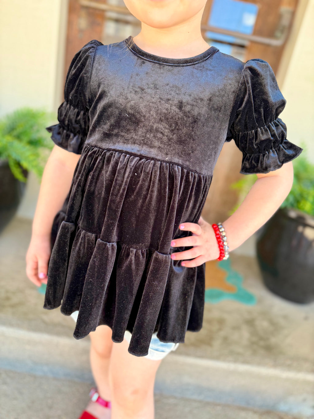 Girls Black Velvet Peplum Top