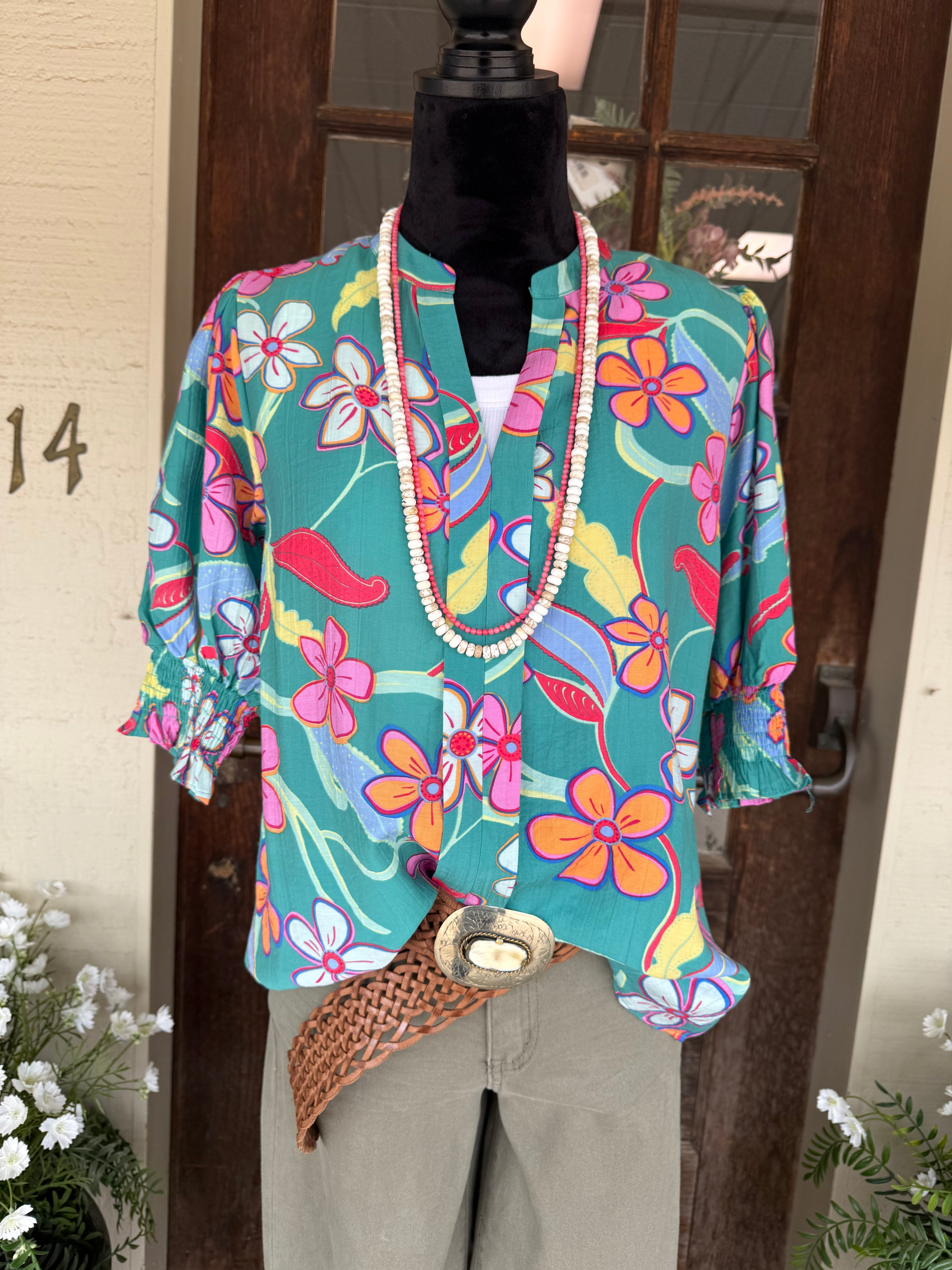 Jade Blossom Puff Sleeve Top