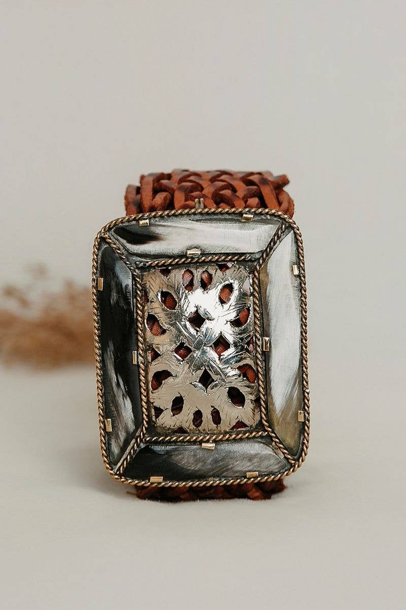 BROWN LEATHER BELT WIDE SQUARE EMPIRE