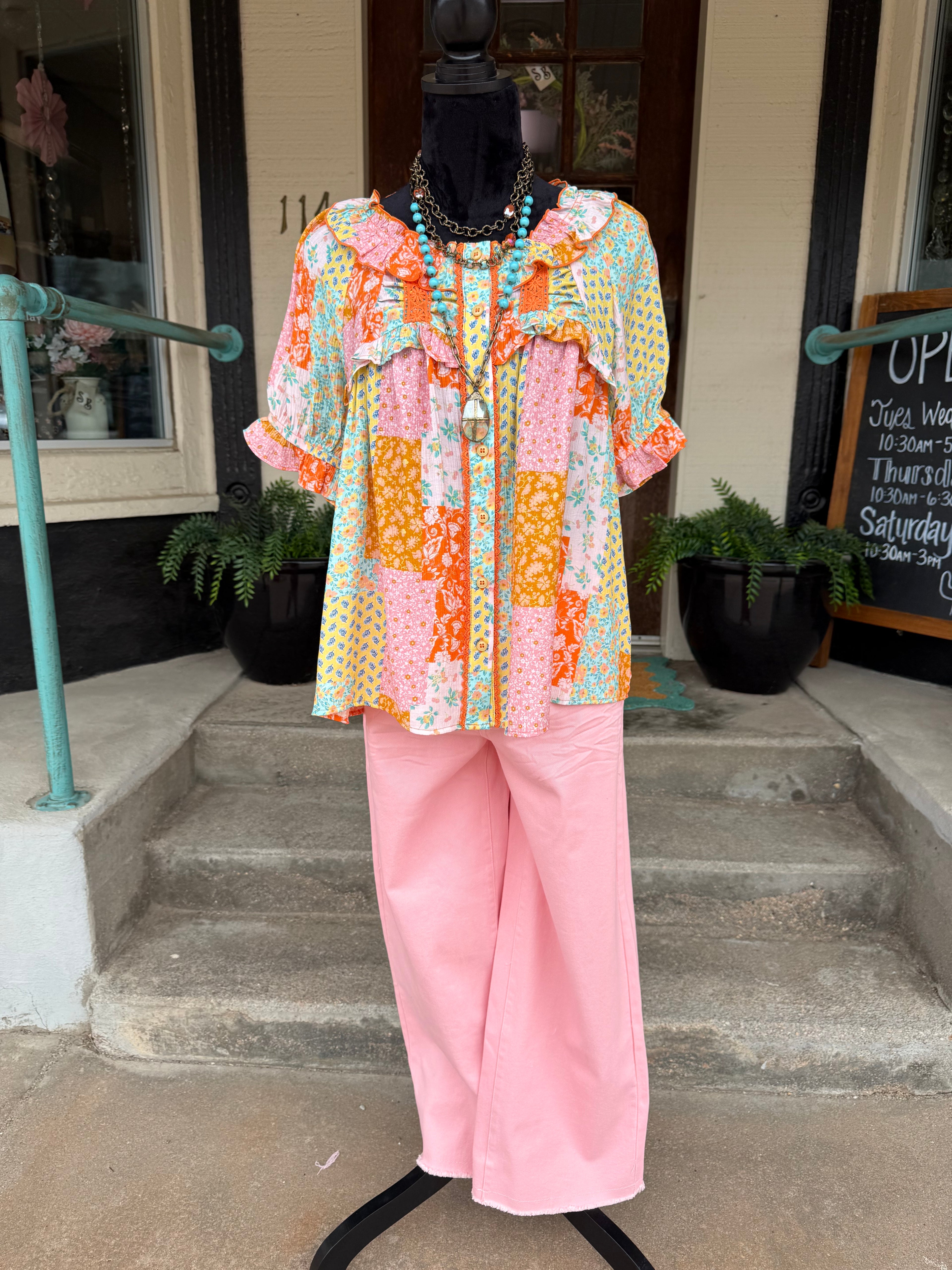 Sunset Patchwork Button Top
