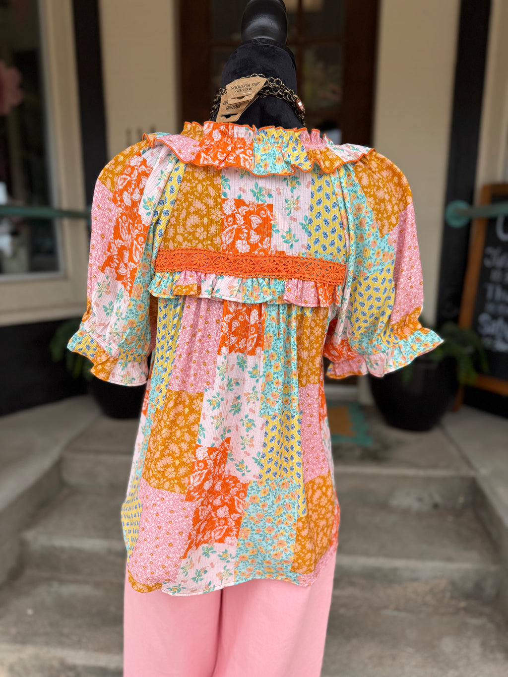 Sunset Patchwork Button Top