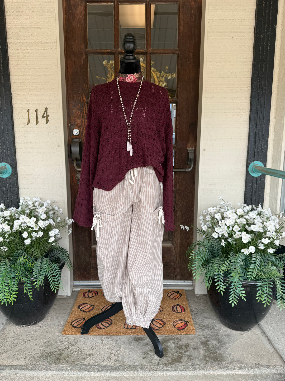Brown, Cream & Burgundy Floral Mesh Top