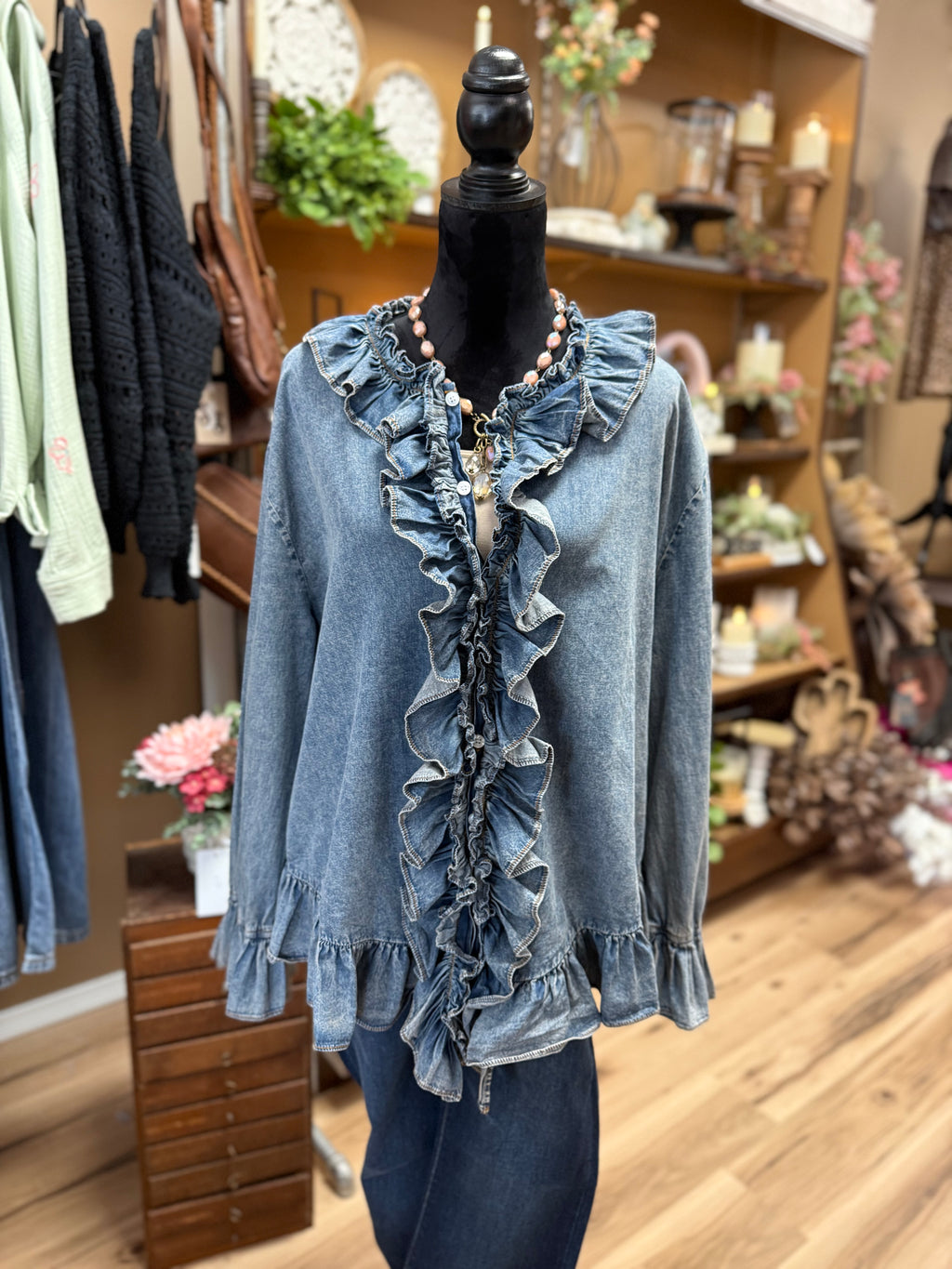 Denim Ruffle & Roll Top