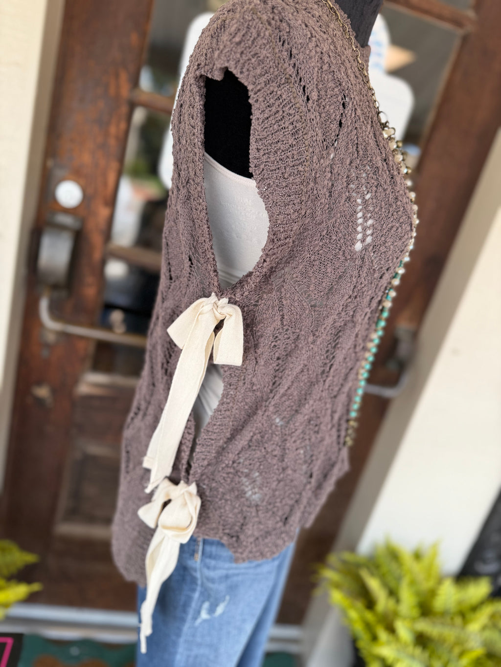 Mocha Ribbon Tie Sleeveless Sweater