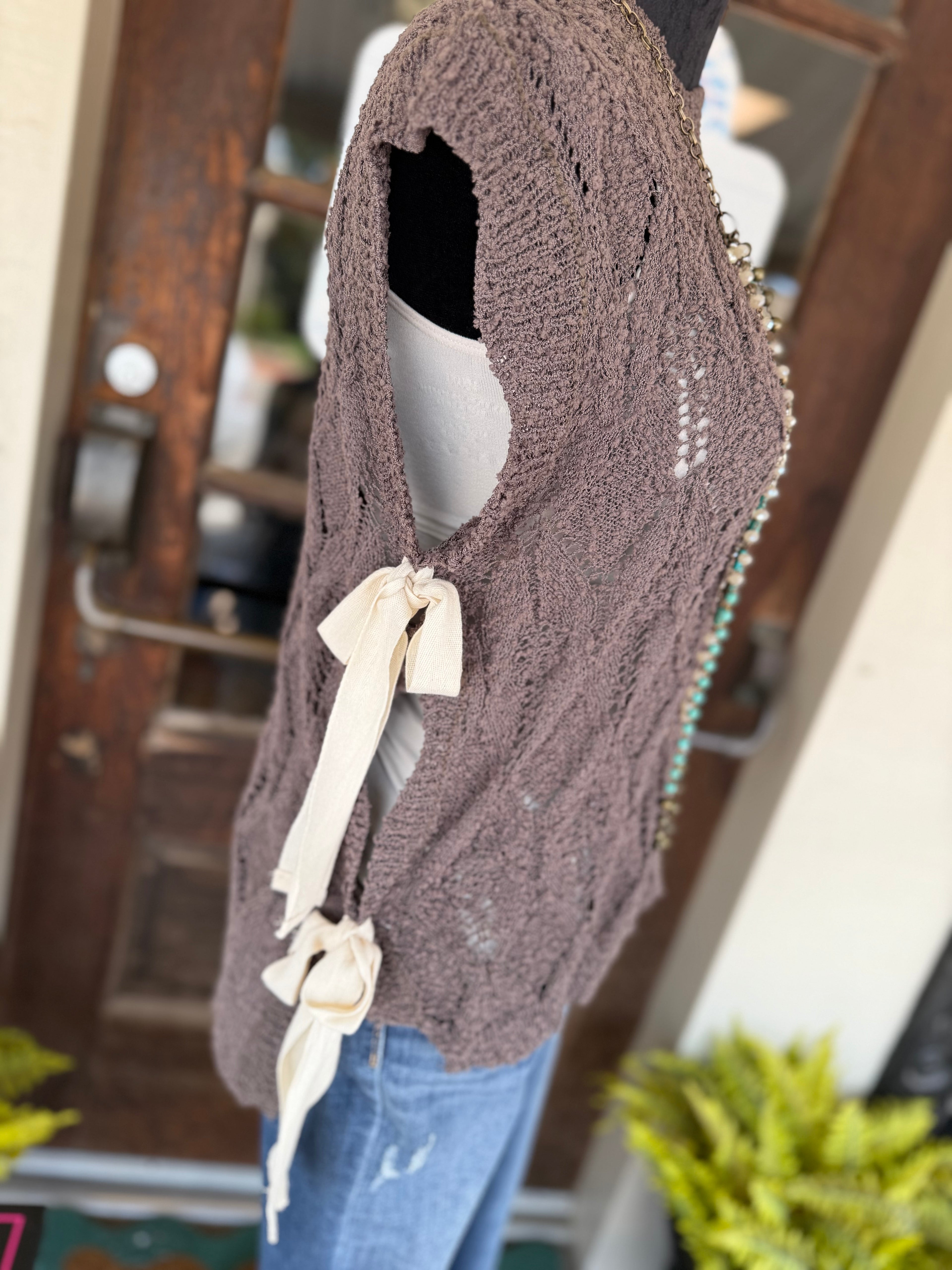 Mocha Ribbon Tie Sleeveless Sweater