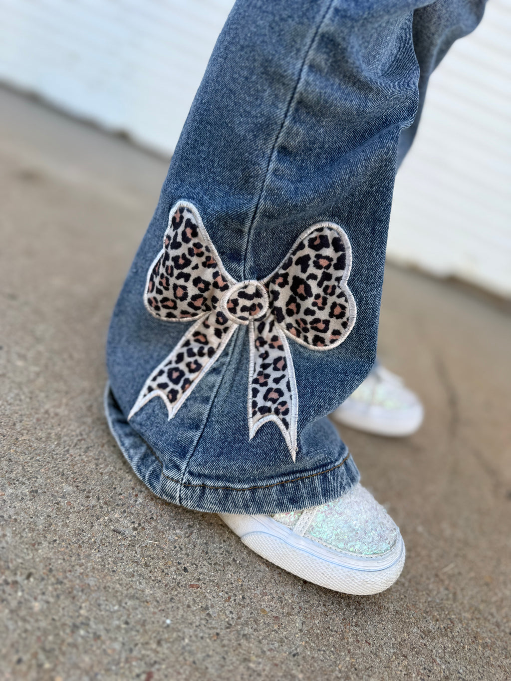 Girls Leopard Bow Bell Bottom Jeans