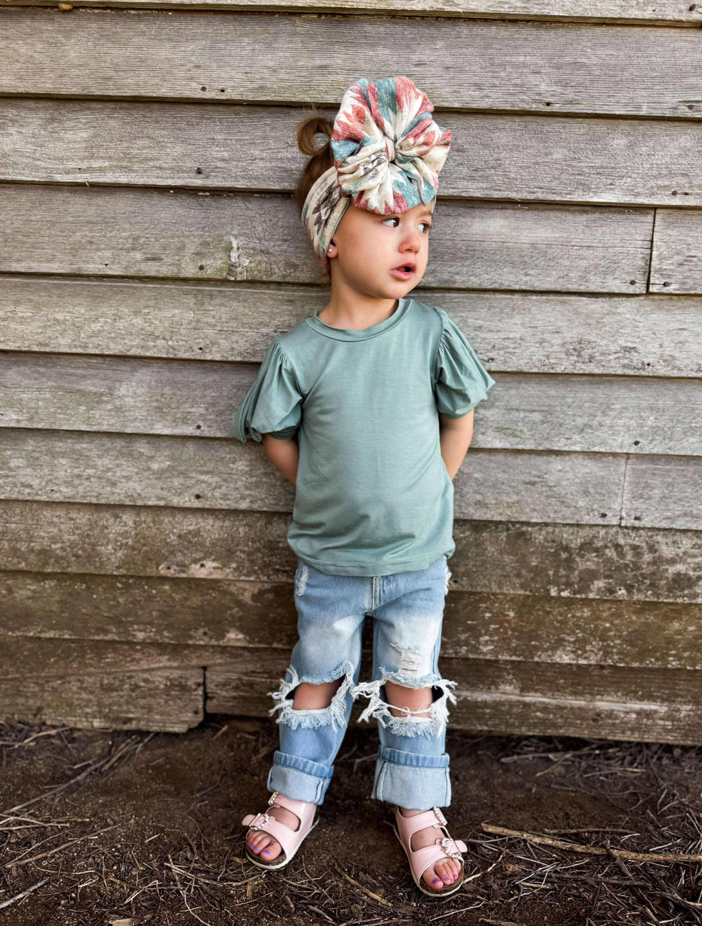 Girls Teal Flutter Sleeve Top
