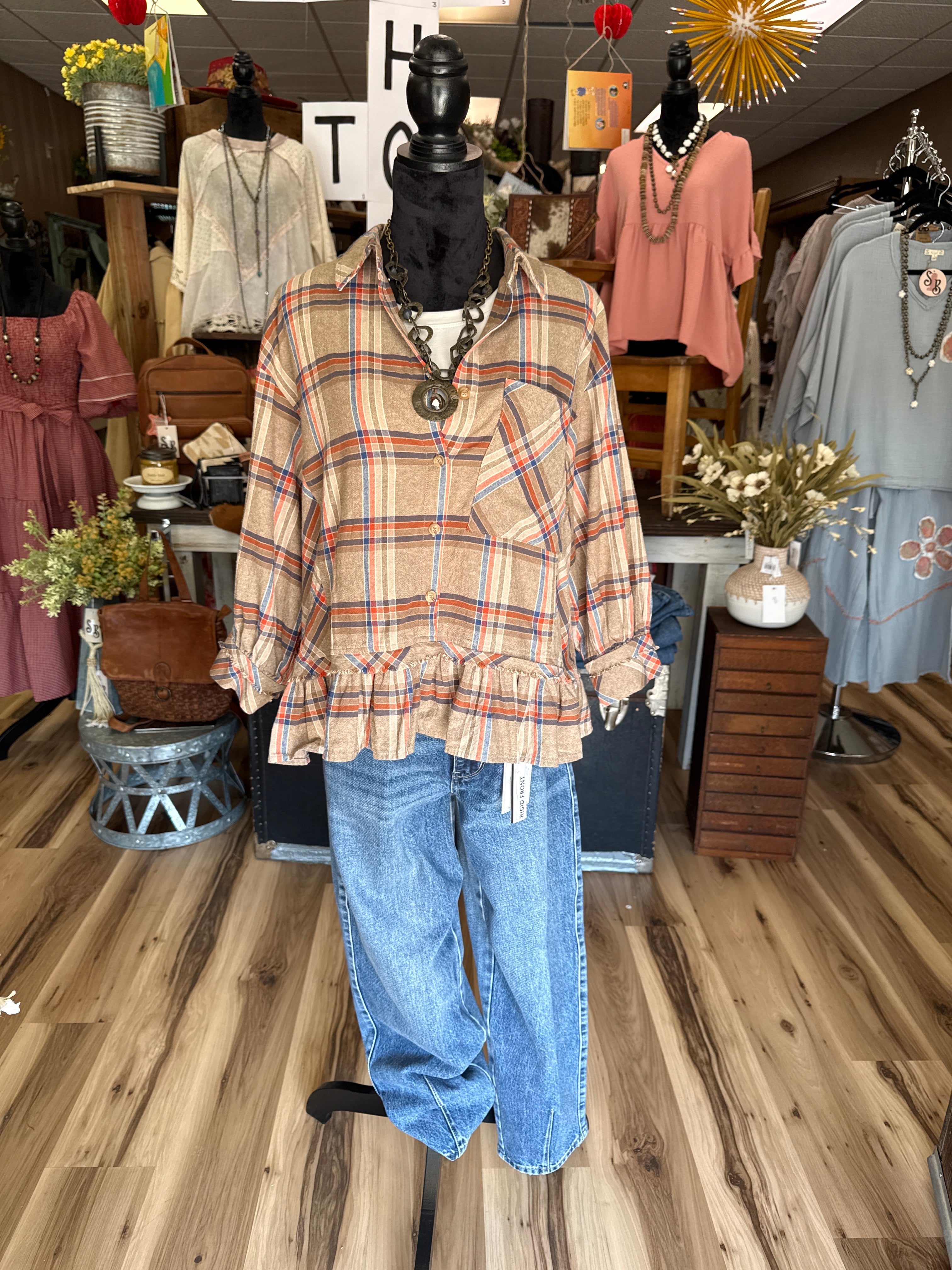 Fireside Ruffle Plaid Button Down