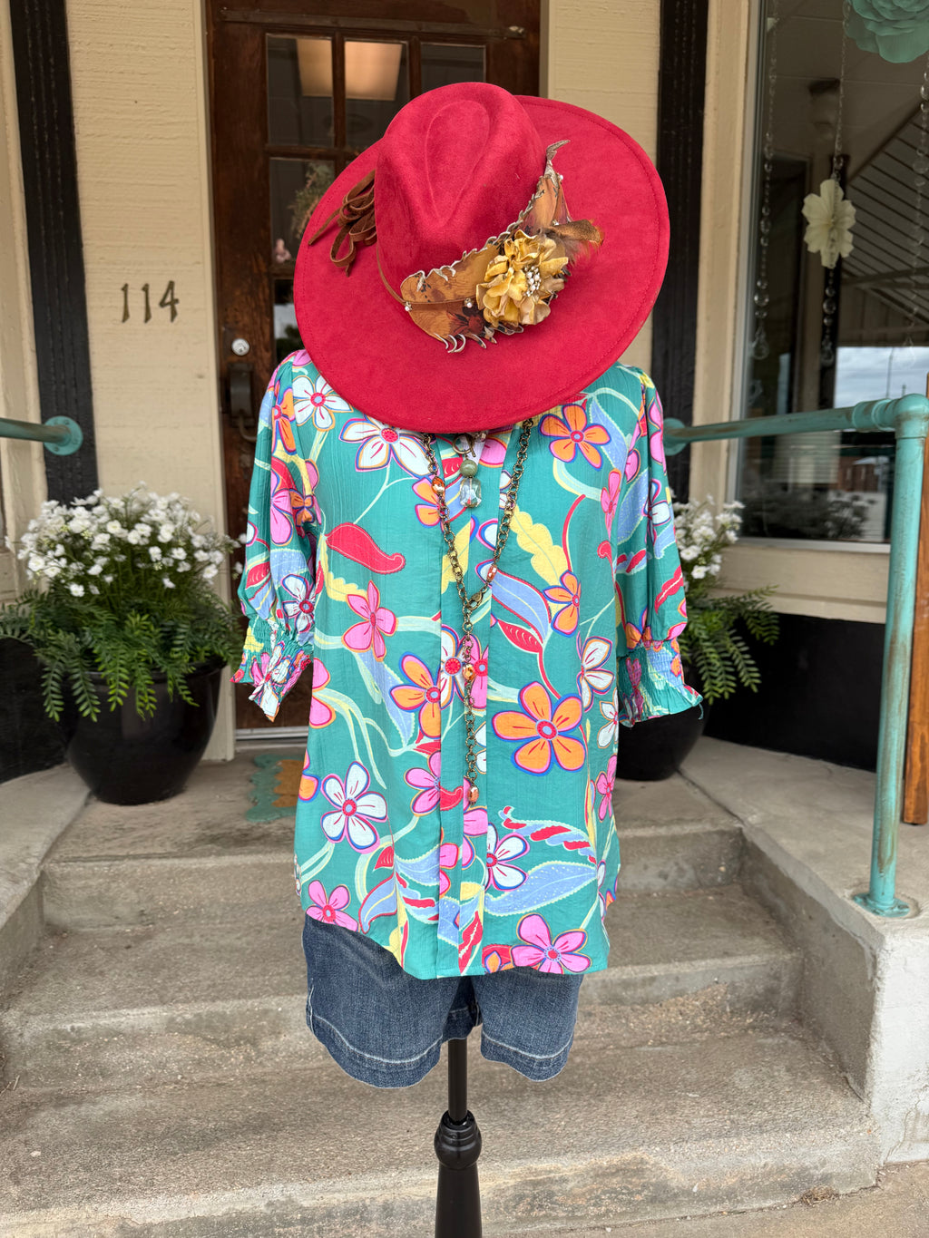 Jade Blossom Puff Sleeve Top