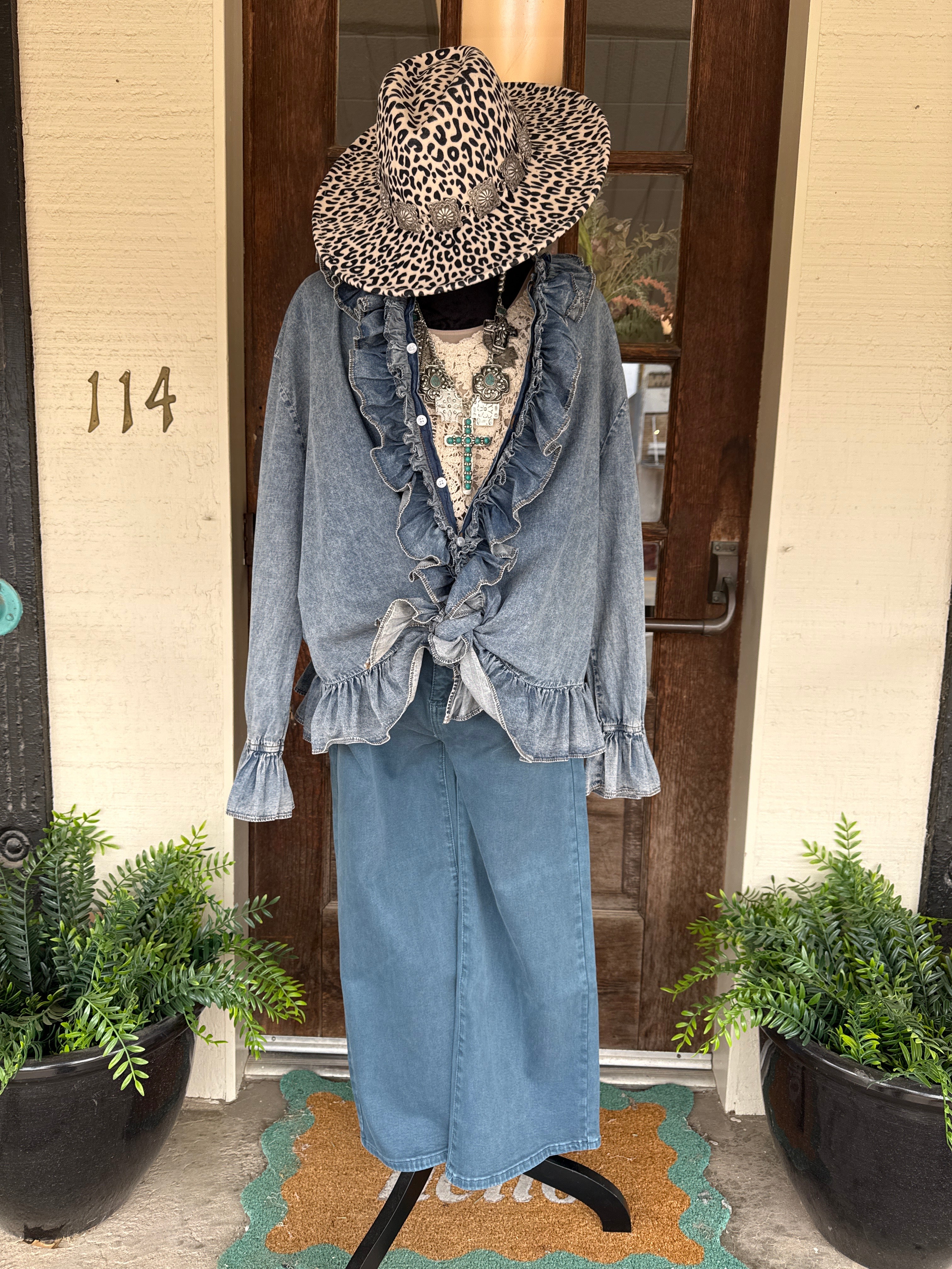 Denim Ruffle & Roll Top