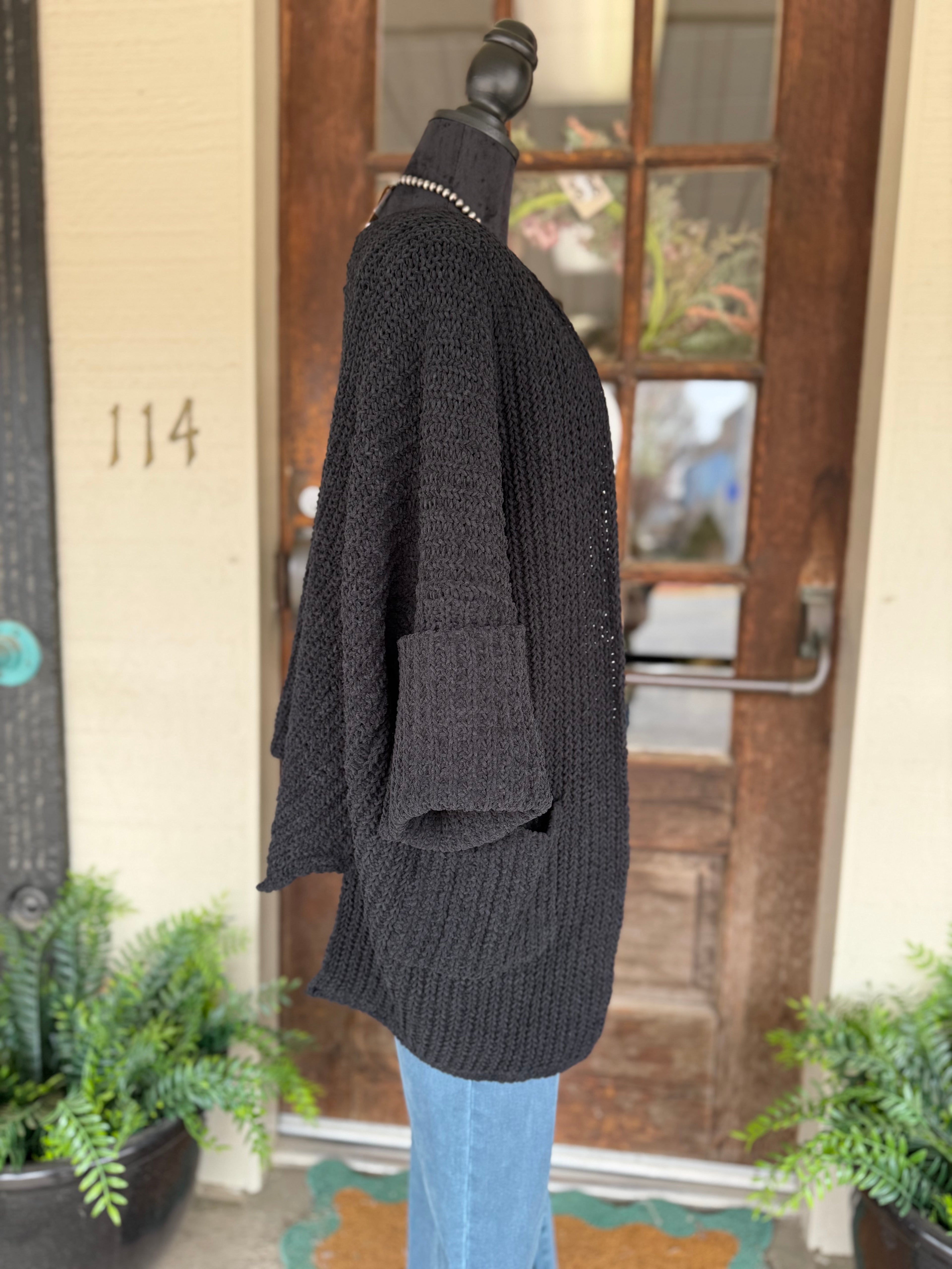 Black Cuffed Pocket Open Sweater