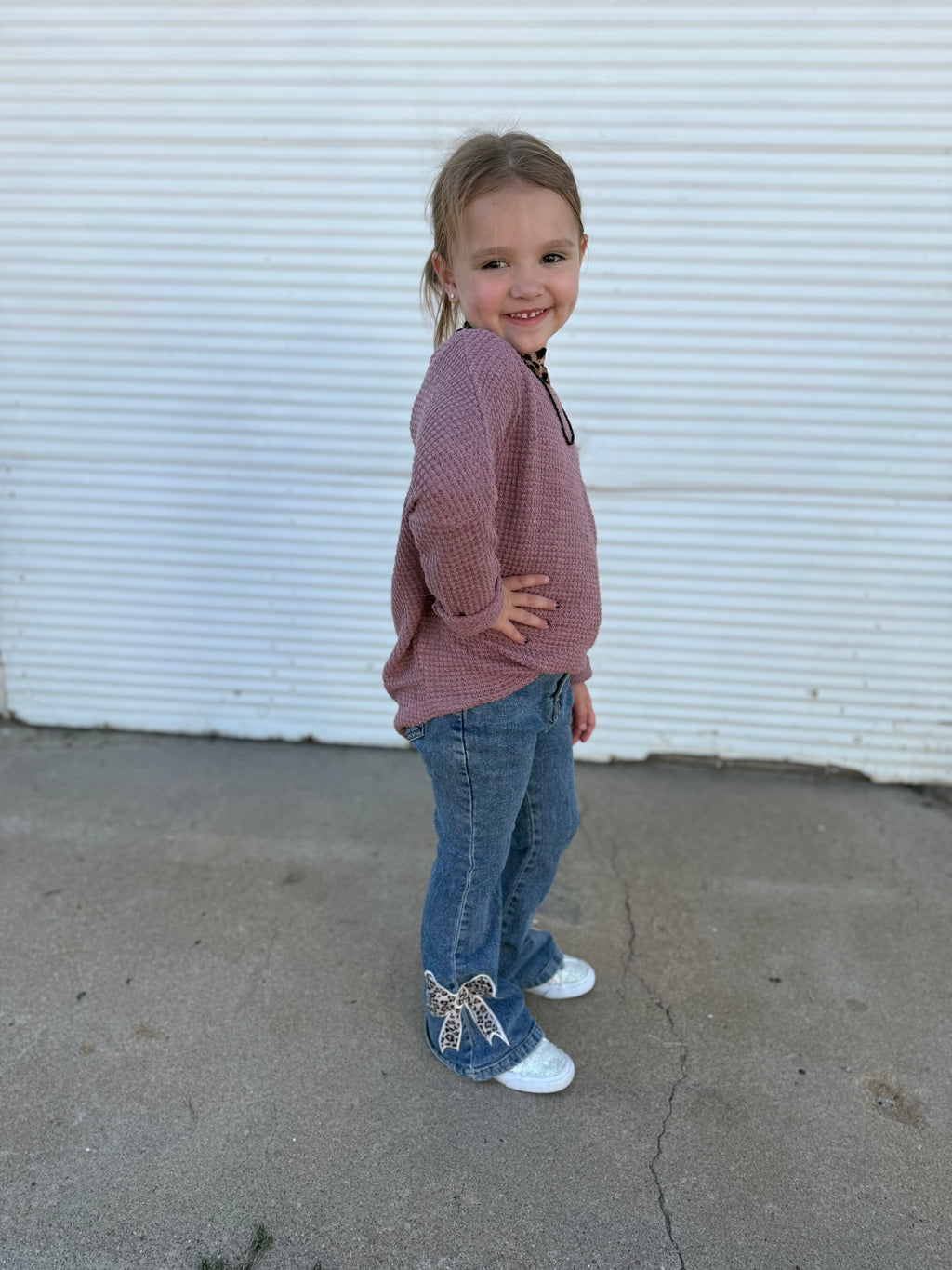 Girls Leopard Bow Bell Bottom Jeans
