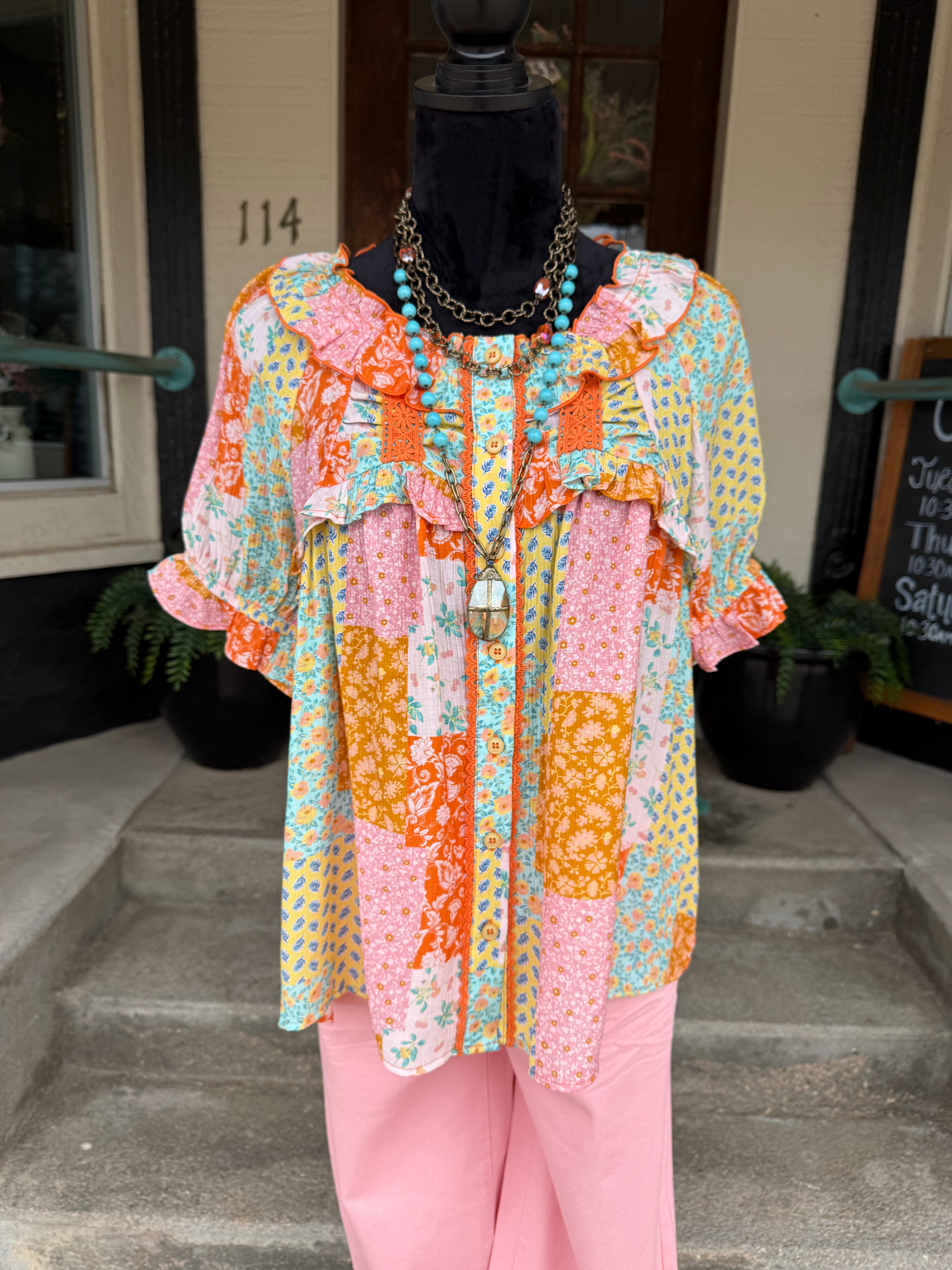 Sunset Patchwork Button Top