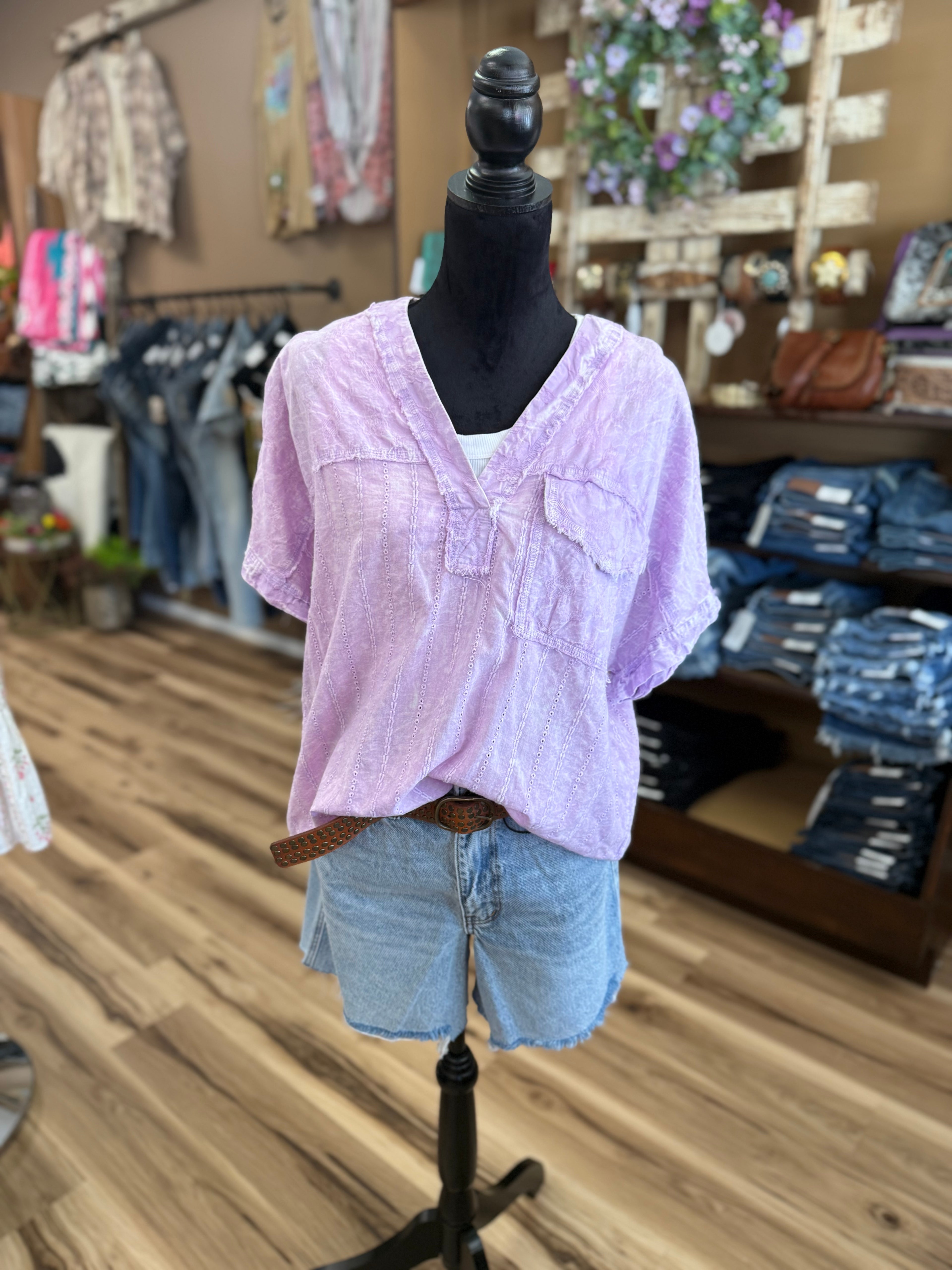 Lavender Eyelet V-Neck Blouse
