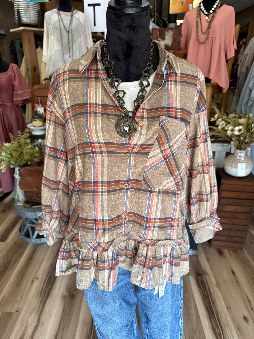 Fireside Ruffle Plaid Button Down