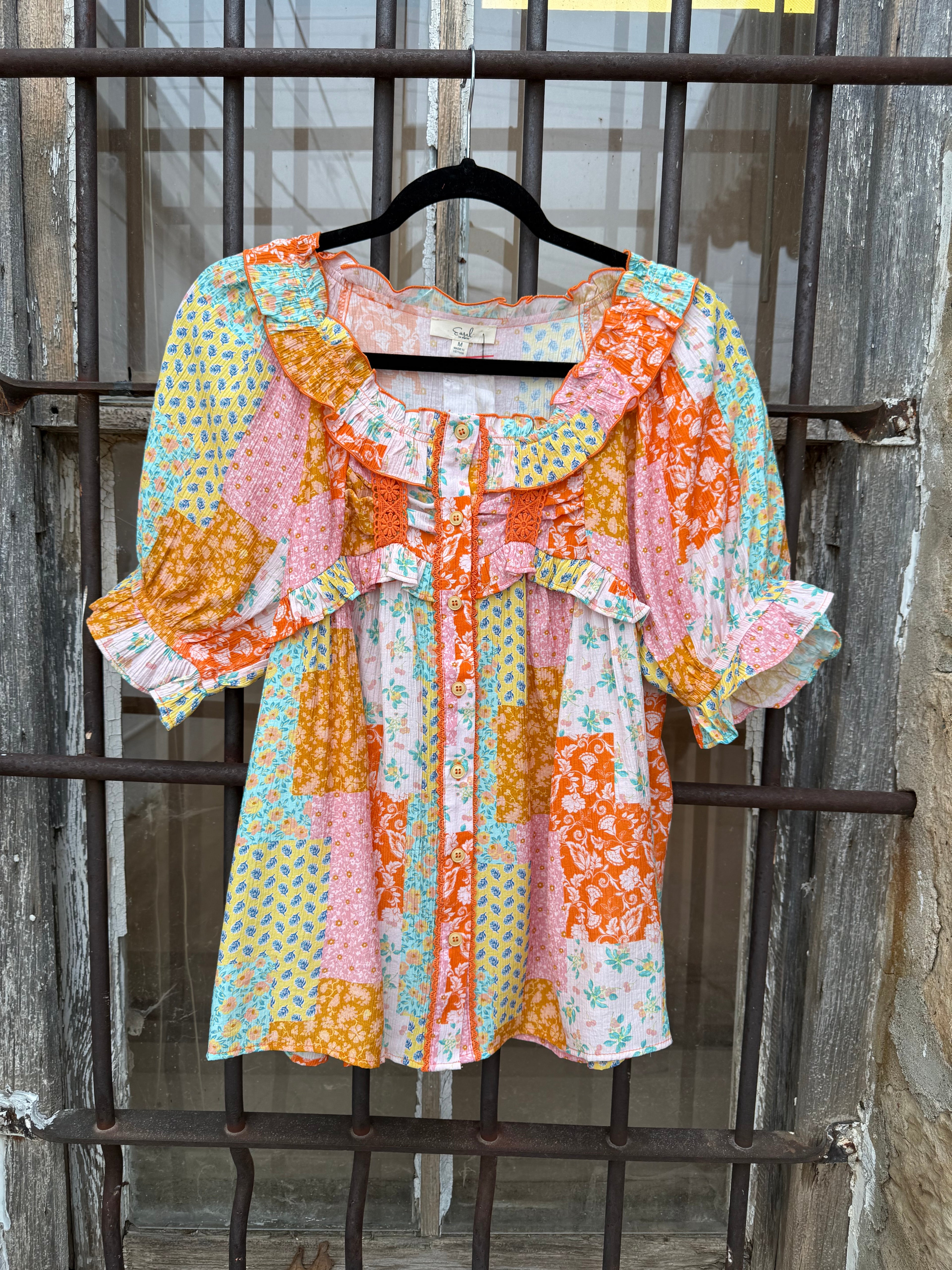 Sunset Patchwork Button Top