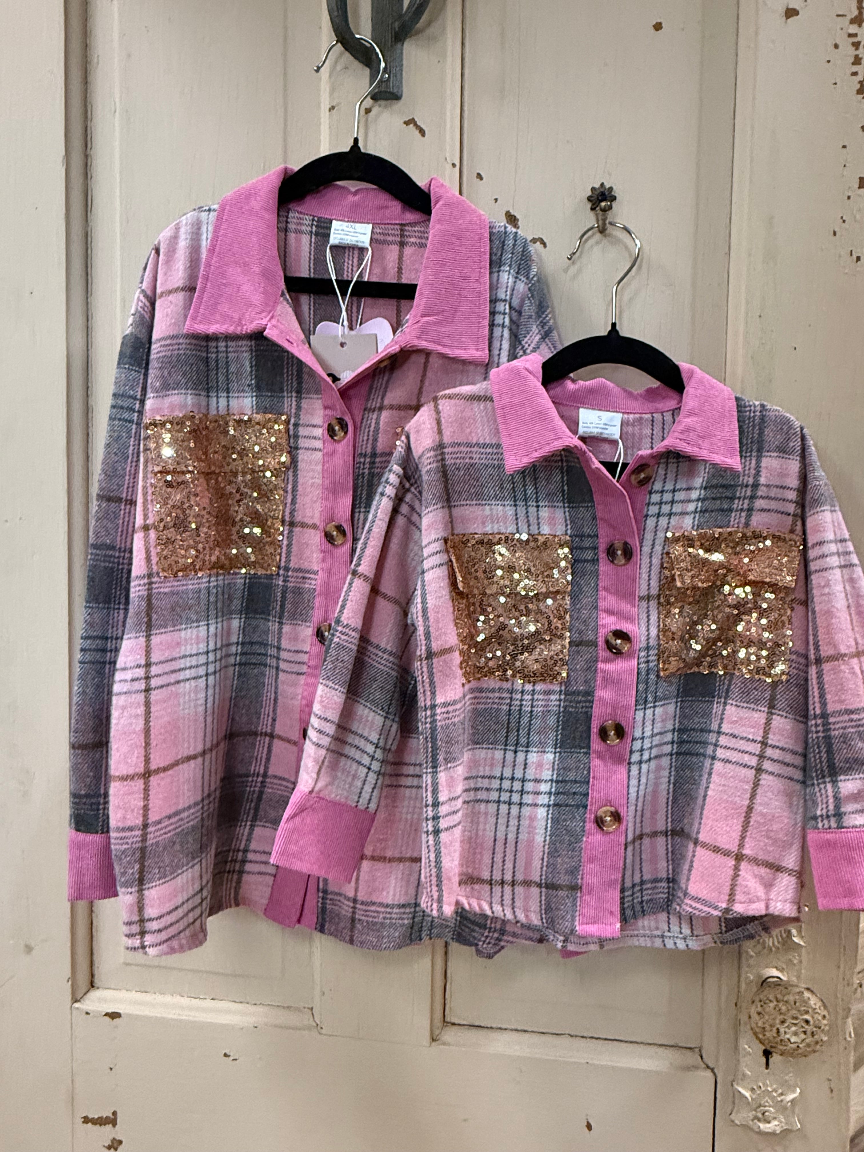 Girls Pink Plaid Sequin Shacket