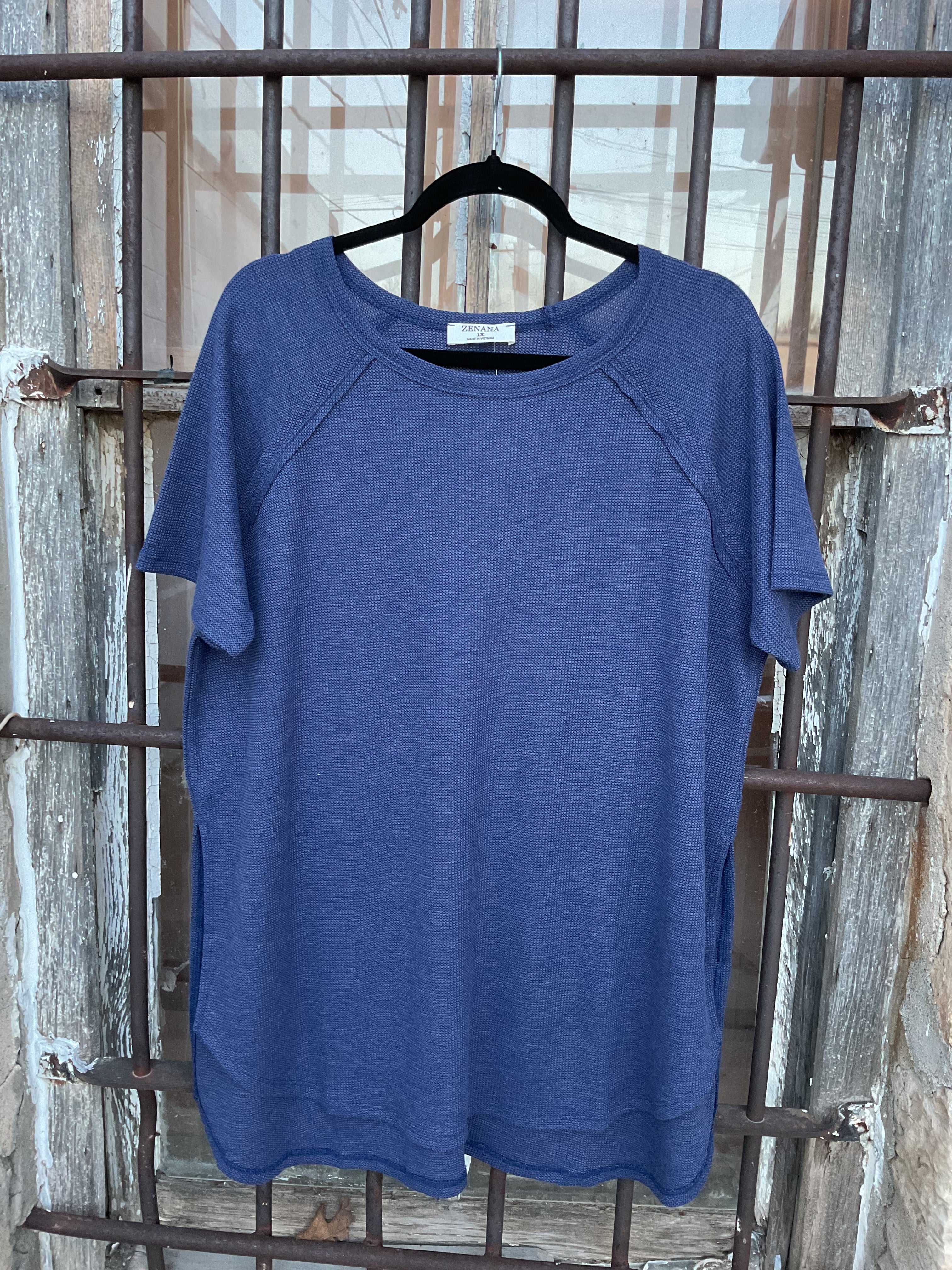 Navy Melage Waffle Top