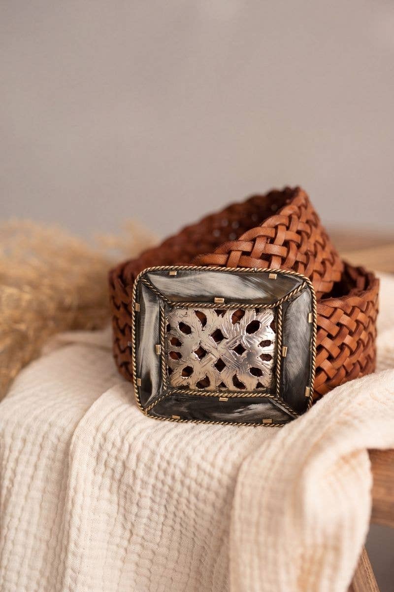BROWN LEATHER BELT WIDE SQUARE EMPIRE