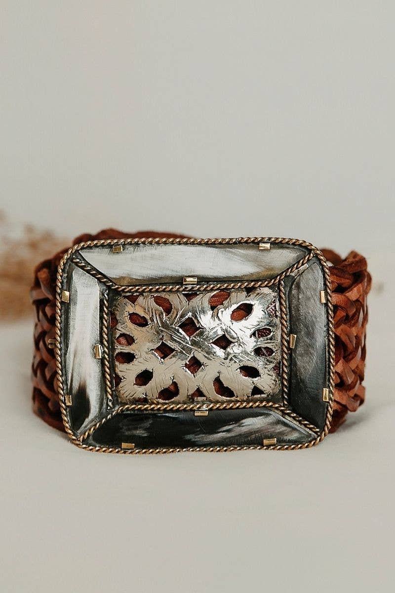 BROWN LEATHER BELT WIDE SQUARE EMPIRE